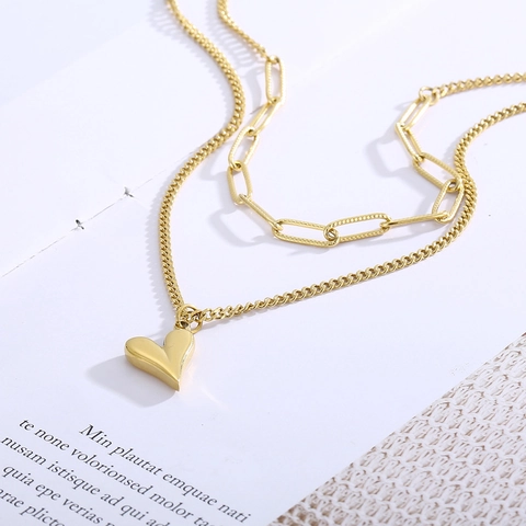 Layered Necklace Stainless Steel Heart Pendant Double Layer Paperclip Chain Fashion Jewelry For Women Elegant
