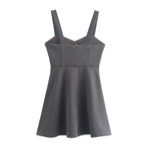 Women Grey Lace Trim Camisole Mini Dress Backless High Waist Polyester Sleeveless Preppy Style Casual Summer Party Wear