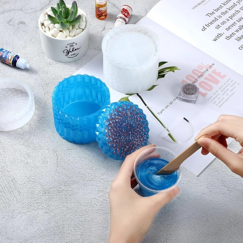 DIY Silicone Resin Mold For Jewelry Storage Box Jar With Lid Rhombus Diamond Pattern Relief Casting Craft Tool