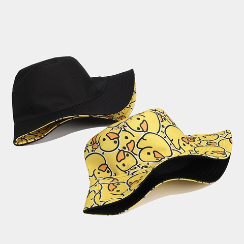 Cappello Alla Pescatora Reversibile Cotone Protezione Solare Stampa Anatra Cartone Animato Doppio Lato Casual Carino