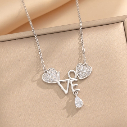 Love Heart Letter Pendant Necklace Stainless Steel Zirconia Rhinestone Elegant Fashion Jewelry Gift For Women
