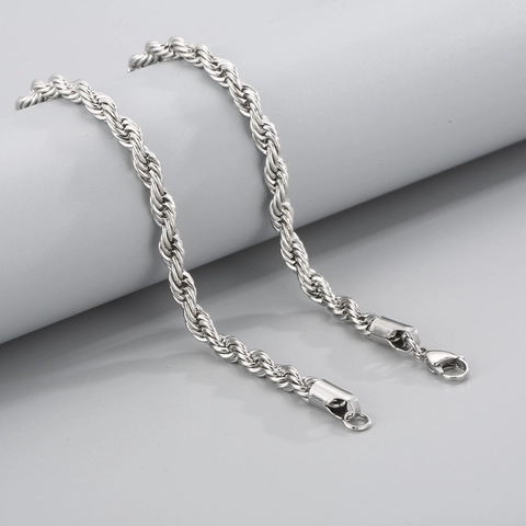 Rope Chain Necklace Stainless Steel Polished Minimalist Fashion Jewelry For Men And Women Silver Tone Punk Style