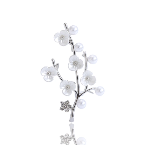 Elegant Alloy Artificial Pearl Rhinestone Plum Blossom Brooch For Women Classical Flower Branch Clothing Pin Suit Accessory