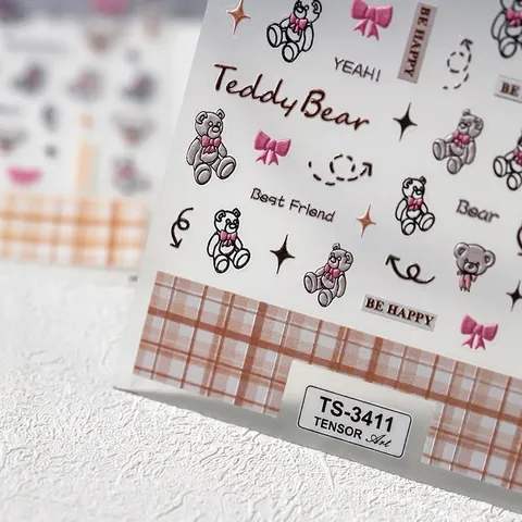 5D Embossed Teddy Bear Nail Stickers Kawaii Bear Bow Heart Self Adhesive Nail Art Decals Japanese Style Accessories