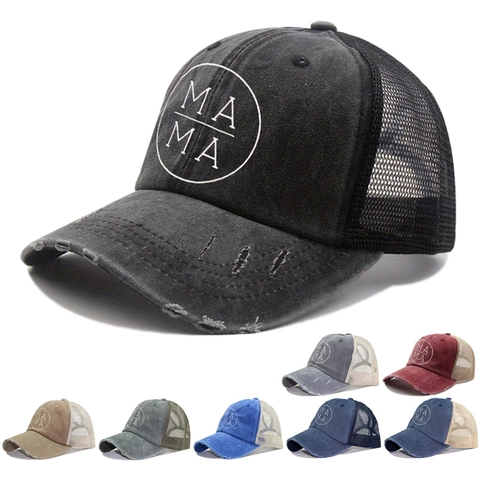 Cappello Da Baseball Donna Con Rete E Foro Per Coda Di Cavallo Stampa MAMA Look Usato Cotone Regolabile