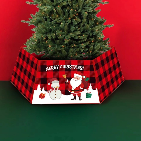 Christmas Tree Collar Hexagonal Foldable Fabric Plaid Santa Snowman Gnomes Pattern Stereoscopic Tree Skirt Base Stand Cover