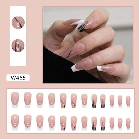 French Style Press On Nails Coffin Shape Black And White Minimalist Line Art Abstract Fake Nails For Women