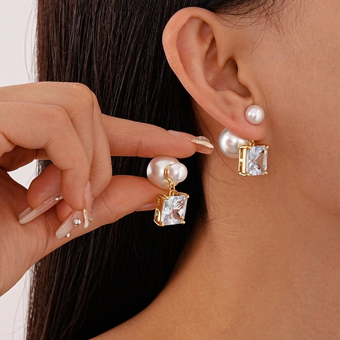 Zircon Square Pendant Double Sided Imitation Artificial Pearl Stud Earrings With 925 Sterling Silver Earring Post Two-Way Wear