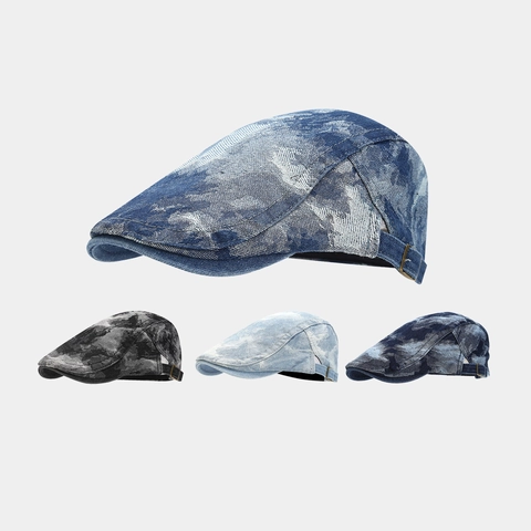 Retro Gewassen Denim Platte Pet Vintage Tie Dye Verstelbaar Katoenen Barett Voor Heren Dames