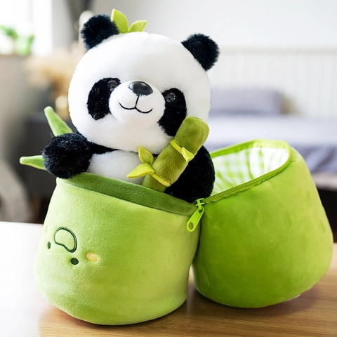 Peluche De Panda Animal De Peluche En Bolsa De Almacenamiento Con Cremallera De Tubo De Bambú Almohada Suave Lindo Regalo De Cumpleaños