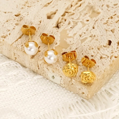 Rose Flower And Imitation Artificial Pearl Stud Earrings 18K Gold Plated 304 Stainless Steel Waterproof Hypoallergenic For Women