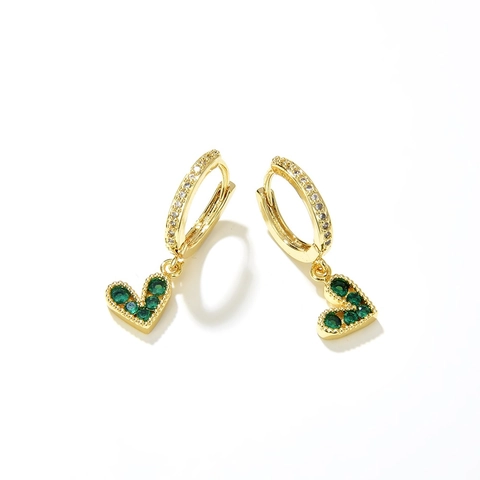 Heart Pendant Hoop Earrings Copper Gold Plated With Colorful Cubic Zirconia Retro Dainty Jewelry