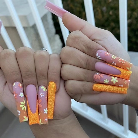Press On Nails Long Coffin Fake Nails Orange French Matte Colorful Flower Patterns Glitter Accent Ins Style For Women