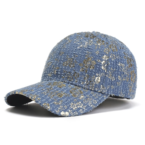 Vintage Denim Baseball Cap For Women Gold Foil Floral Rose Print Curved Brim Outdoor Sunshade Adjustable Hat