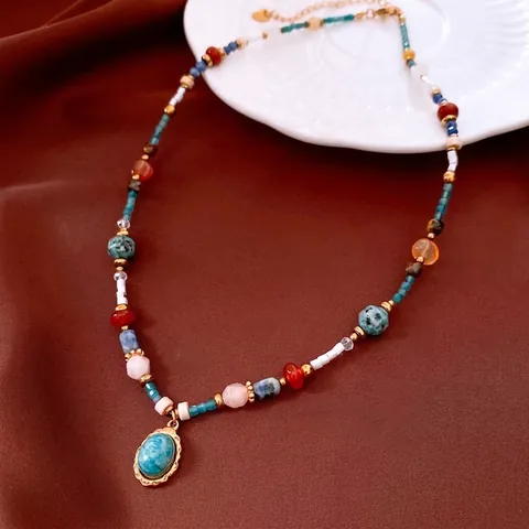 Perlenhalskette Mit Ovalem Türkis Anhänger Legierung Bunter Stein Ethnisch Vintage Retro Schicker Schmuck Für Frauen