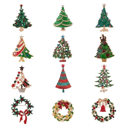 Christmas Tree Wreath Enamel Brooch Zinc Alloy Rhinestone Badge Pin For Women Men Xmas Festival Jewelry Gift