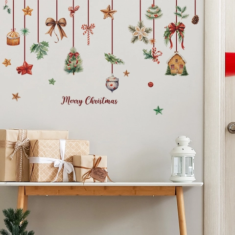 Adesivi Murali Natale PVC Acquerello Pino Casa Di Pan Di Zenzero Fiocchi Per Decorazione Casa Buon Natale