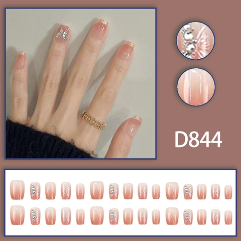 Unghie Finte Corte Quadrate Rosa Sfumato Stile Francese Con Decorazione Farfalla Strass Unghie Artificiali Per Donne