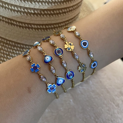 Pulsera Con Dijes De Ojo Turco De Acero Inoxidable Chapado En Oro Esmalte Corazón Flor Trébol Circón Joyería Elegante