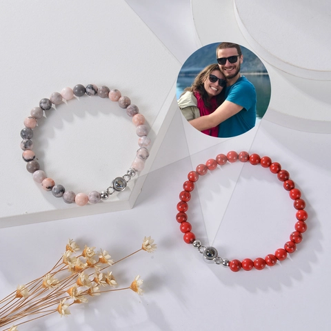 Bracelet En Perles De Pierre Naturelle Avec Pendentif De Projection De Photo En Alliage Bijou Fait Main Pour Couples