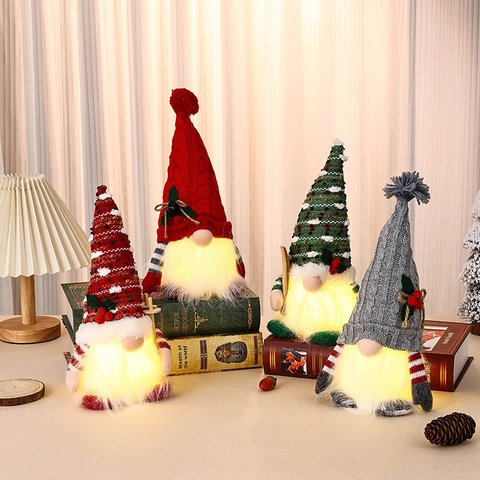 Christmas Gnome Plush Doll LED Light Up Santa Dwarf Ornament Knitted Hat Long Beard Handmade Xmas Decoration Night Light Gift