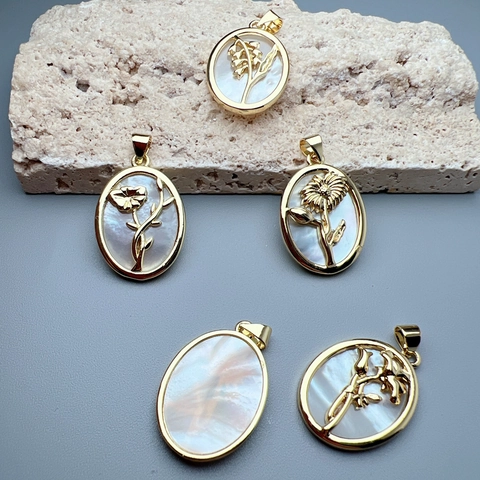 Bloem Hanger Koper 18K Verguld Wit Kunstparelmoer Ovaal Vintage Charm Voor DIY Sieraden Maken Accessoires Vrouwen