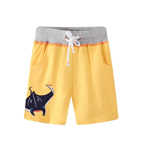 Pantaloncini Ragazzo Puro Cotone Maglia Estate Casual Ricamo Razza Manta Vita Elastica Coulisse Giallo Moda