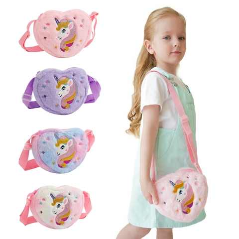 Girls Heart Shaped Plush Crossbody Bag Cute Unicorn Embroidery Faux Fur Shoulder Purse For Kids Daily Outfit