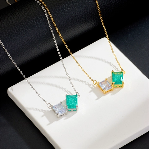 Double Rectangular Zircon Pendant Necklace Titanium Steel Chain Copper Geometric Jewelry For Women Light Luxury Style