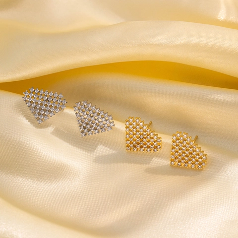 Boucles D'oreilles Puces Cœur Pavées Zircone Cubique Cuivre Luxe Minimaliste Scintillant Bijoux Mariage Pour Femmes