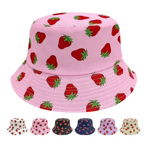 Strawberry Print Bucket Hat Polyester Sun Protection Outdoor Beach Fresh Style Summer Sunshade Hat For Women Girls