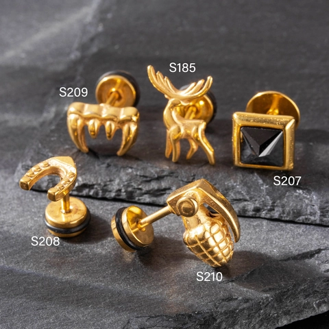 Stud Earrings Stainless Steel Geometric Reindeer Tooth Horseshoe Square Gemstone Punk Vintage Piercing Jewelry Men