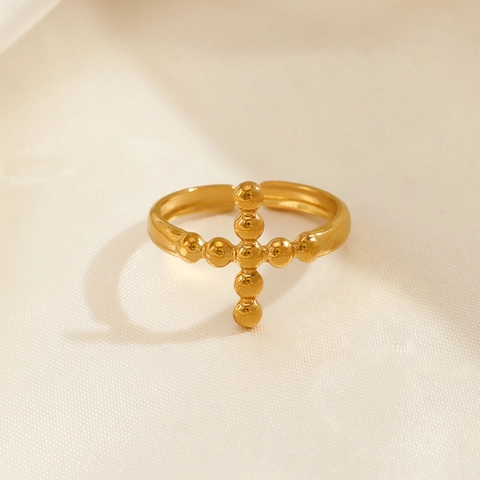 Stainless Steel Beaded Cross Ring Open Adjustable Retro Bohemian Style High Quality Jewelry For Women Non-Tarnish