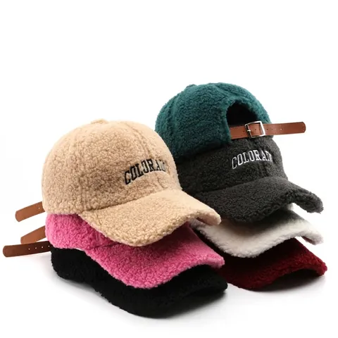 Sherpa Fleece Baseball Cap Colorado Letter Embroidery Winter Warm Outdoor Adjustable Leather Strap Men Women