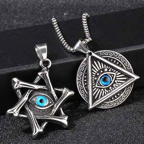 Stainless Steel Gothic Punk Pendant Vintage Hexagram Triangle Eye Of Providence Blue Inlay Accessory For Men