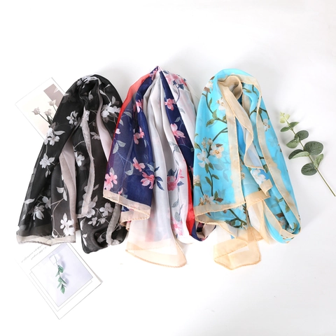Floraler Print Chiffon Schal Damen Dünner Eleganter Sonnenschutz Schal Satinngefühl Leichter Frühlings Sommer Wickel