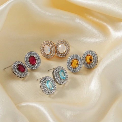 Elegant Oval Rhinestone Stud Earrings For Women Copper Gold Silver Plated Double Halo Elegant Fashion Jewelry Daily Party Earrings