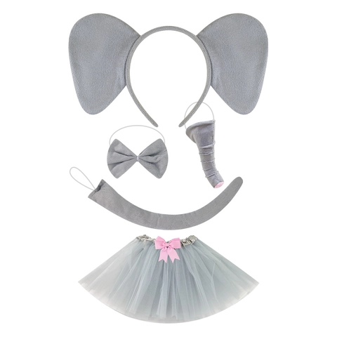 Kids Elephant Costume Accessories Plush Ears Headband Tail Nose Bowtie Tutu Skirt For Halloween Party Performance Cosplay