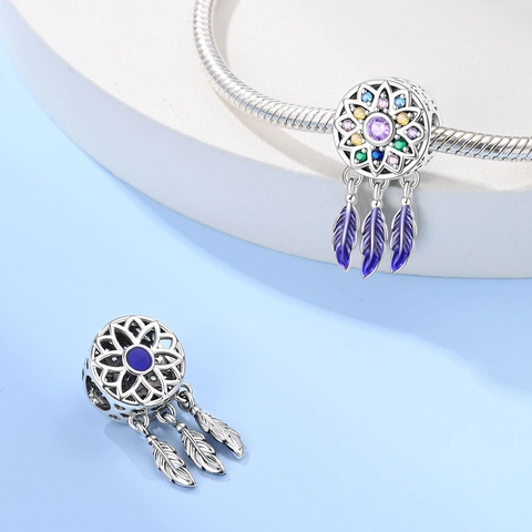 Silver Plated Dreamcatcher Charms For Bracelets Moon Star Feather Enamel Rhinestone Pendants DIY Jewelry Accessories For Women