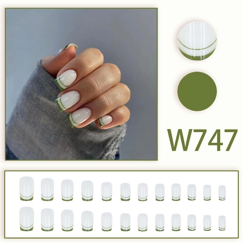 Uñas Postizas A Presión Estilo Francés Línea Verde Cuadradas Desmontables Manicura Para Mujeres