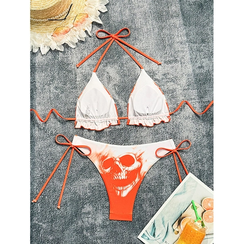 Bikini Set Two Piece Swimsuit Women Orange White Skull Print Halter Neck Ruffle Detail Side Tie Bathing Suit