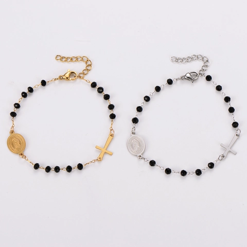 Pulsera Rosario Acero Inoxidable 304 Cuentas Facetadas Negras Cruz Virgen María Joyas Religiosas Ajustable Para Mujeres Hombres