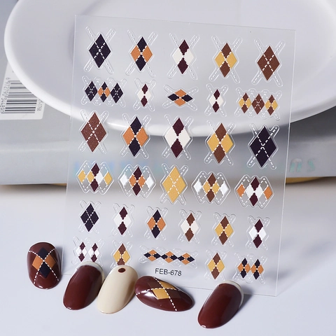 5D Embossed Argyle Plaid Nail Stickers Waterproof Self Adhesive Manicure Decals For Women Fashion Nail Art Decoration