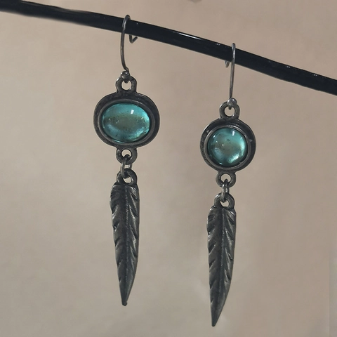 Vintage Bohemian Feather Drop Earrings Alloy With Blue Synthetic Gemstone Antique Silver Ethnic Style For Women