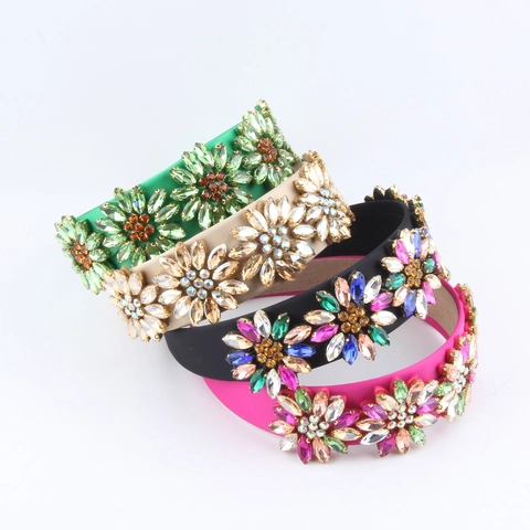 Baroque Luxury Rhinestone Flower Headband For Women Padded Satin Hair Band Fashion Wedding Party Jewelry Hair Accessories