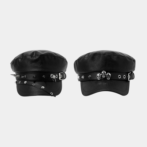 Cappello Militare Punk Gotico Pelle PU Nero Con Punte In Metallo Argento Teschio Stile Rock Hip Hop Per Uomo Donna