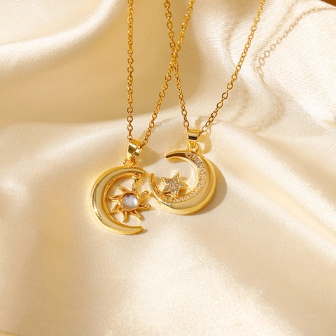 Himmelskörper Sonne Mond Stern Anhänger Halskette Edelstahl Mit Zirkonia Inlay Eleganter Modeschmuck Für Damen