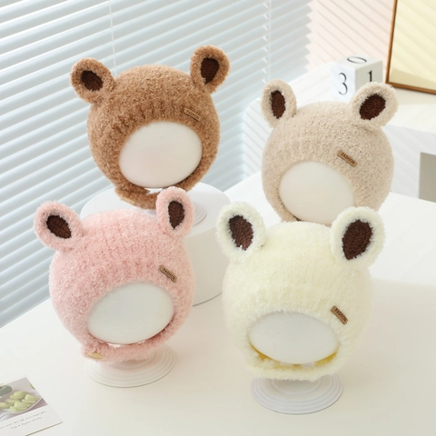 Bébé Hiver Chaud Peluche Bonnet Protection Oreille Coupe-Vent Mignon 3D Oreilles D'ours Doux Polyester Pour Nourrissons
