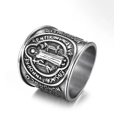 Bague Médaille Saint Benoît Exorcisme Acier Inoxydable Rétro Religieux Inscription Latine Relief Anneau Large Hommes Femmes