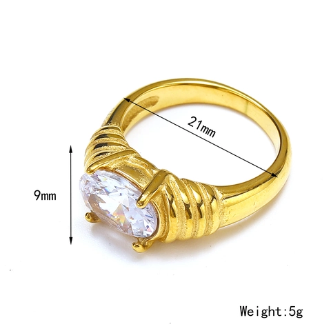 Stainless Steel Oval Gemstone Ring For Women 18K Gold Plated Ribbed Texture Band Four Prong Setting Vintage Light Luxury